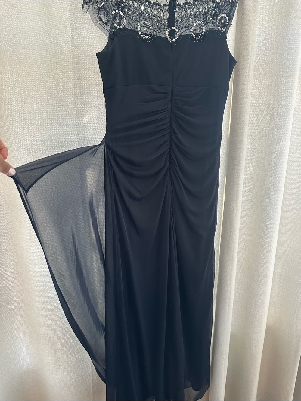Xscape Navy Rhinestone Beaded and Ruched Formal Evening Gown - Picture 3 of 7